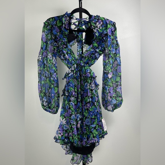 ASOS DESIGN Petite Ruffle Mini Dress Blue Floral Lace Up Back Size 2P - Picture 5 of 7